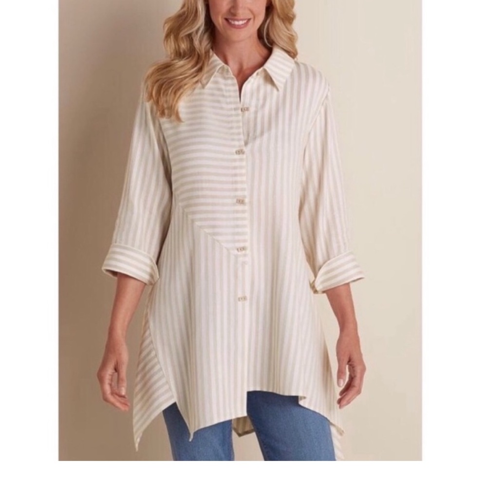 Soft Surroundings Standout Asymmetrical Button Down Shirt Stripe Tunic Top Sz L